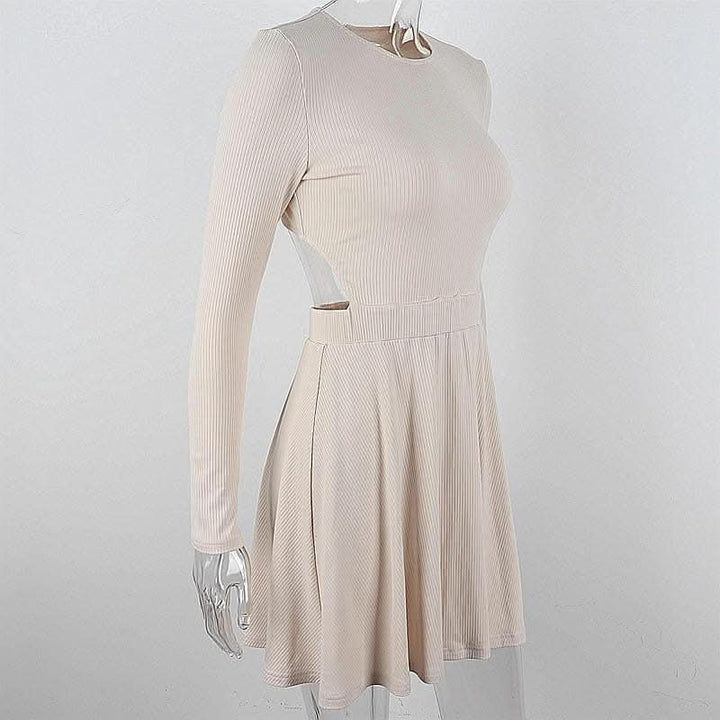 Ribbed long sleeve solid button hollow out crewneck cut out mini dress-final-sale  | Festival Outfits Women