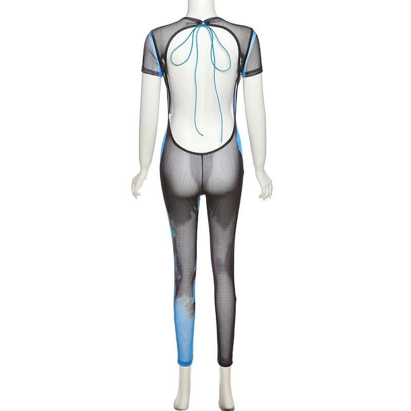 Sheer mesh see through contrast short sleeve self tie backless jumpsuit-final-sale  | Festival Outfits Women