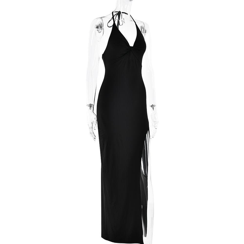 Halter v neck ruched slit backless midi dress  | Festival Outfits Women
