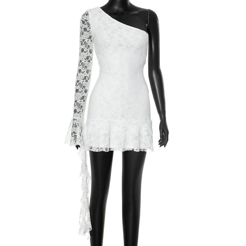 One shoulder long sleeve lace ruffle mini dress  | Festival Outfits Women