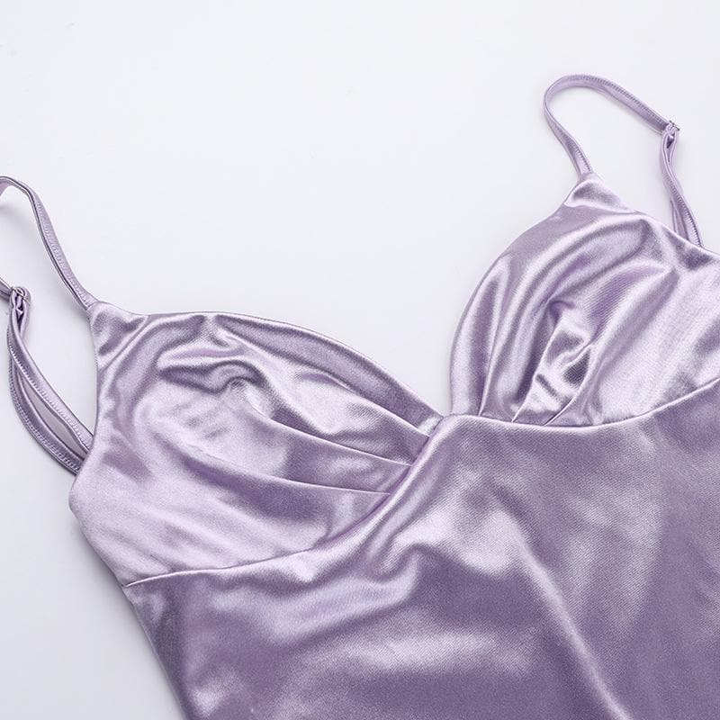 V neck satin ruched solid cami mini dress  | Festival Outfits Women