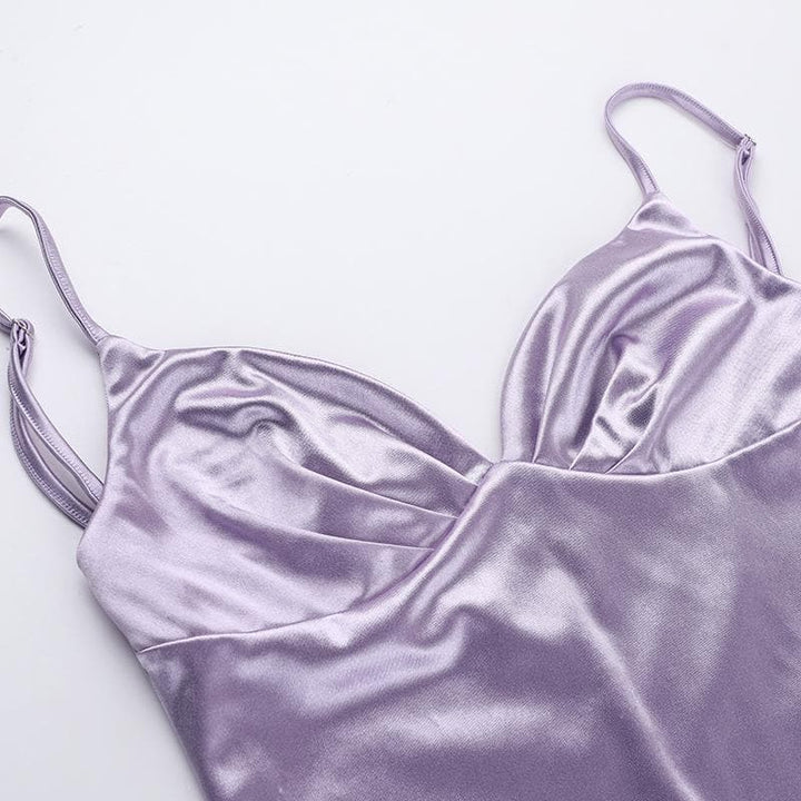 V neck satin ruched solid cami mini dress  | Festival Outfits Women