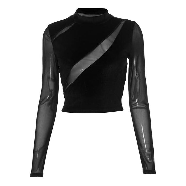 High neck mesh velvet patchwork long sleeve crop top | Mesh Long Sleeve Crop Top  | Festival Outfits Women