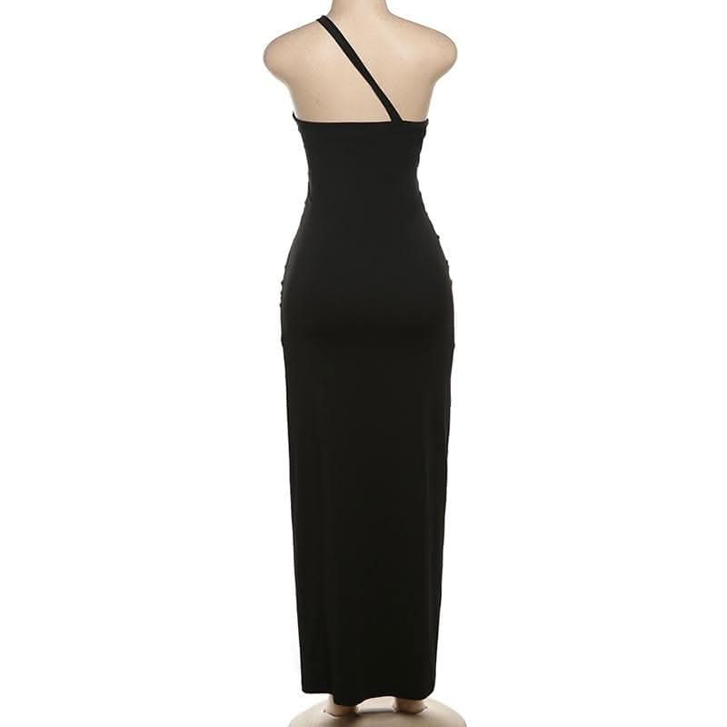 One shoulder hollow out metal applique cut out maxi dress-final-sale  | Festival Outfits Women