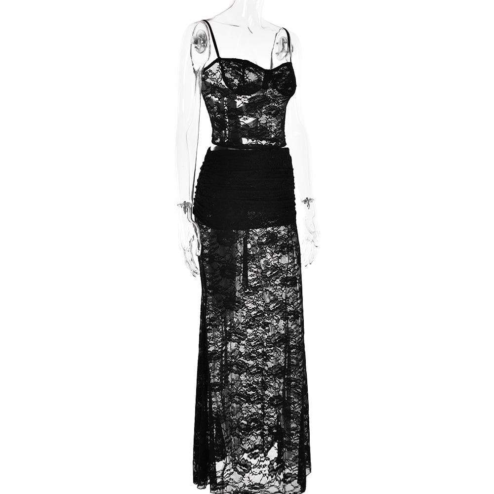 Sweetheart neck ruffle lace see through cami maxi skirt set  | Festival Outfits Women