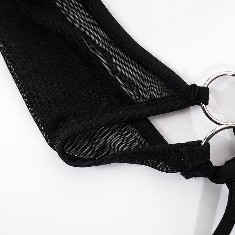 Mesh halter o ring solid hollow out backless patchwork crop cut out top-final-sale