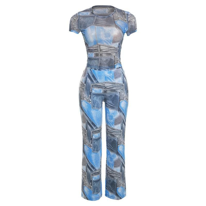 Denim print contrast short sleeve crewneck pant set-final-sale  | Festival Outfits Women