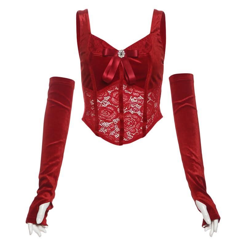 Gloves bowknot lace velvet patchwork cami top  | Festival Outfits Women