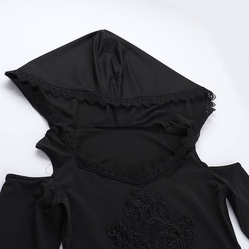 Hoodie long sleeve lace hem embroidery hollow out cut out mini dress  | Festival Outfits Women