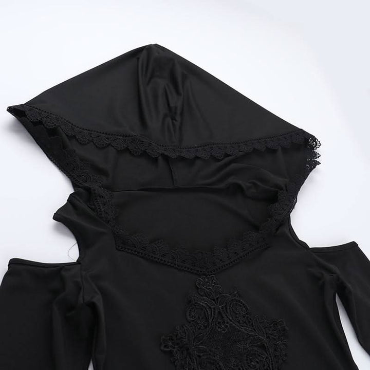 Hoodie long sleeve lace hem embroidery hollow out cut out mini dress  | Festival Outfits Women