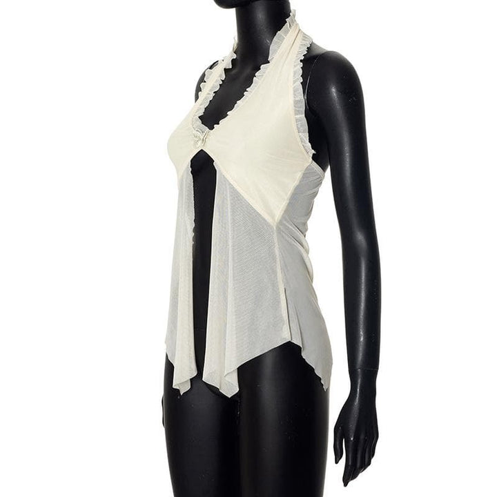 Halter lace hem ruffle butterfly embroidery mesh top  | Festival Outfits Women