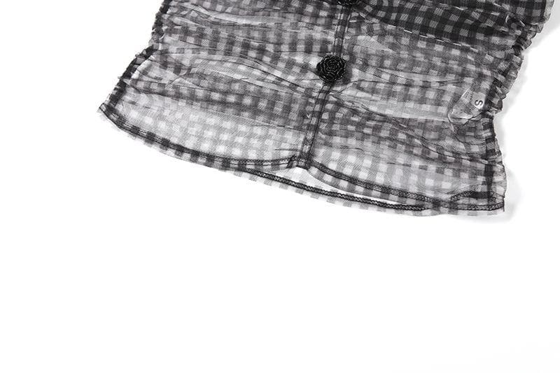 Rose applique plaid mesh ruched tube mini skirt set  | Festival Outfits Women