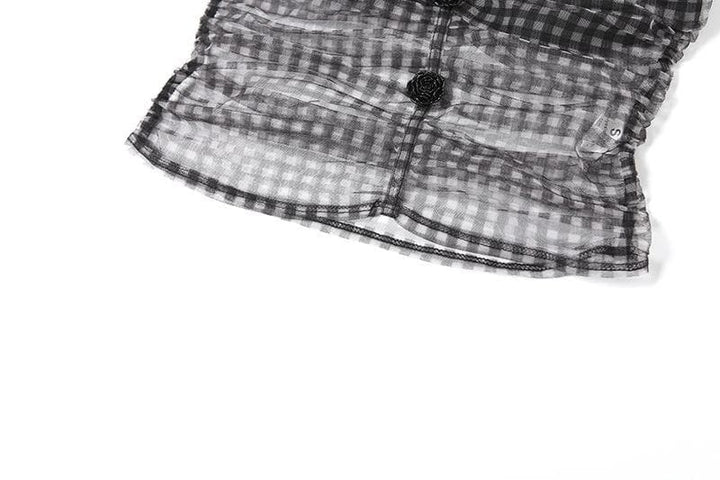 Rose applique plaid mesh ruched tube mini skirt set  | Festival Outfits Women