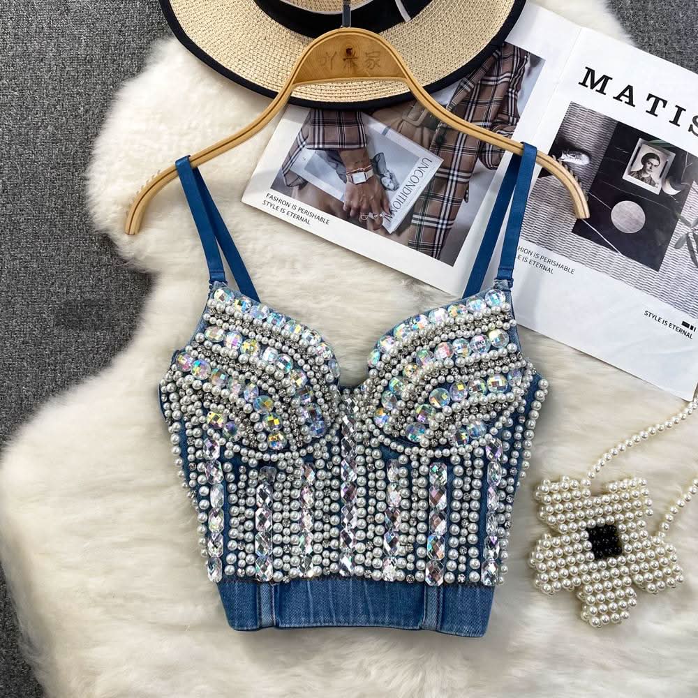 Beaded denim v neck backless cami top  | Festival Outfits Women