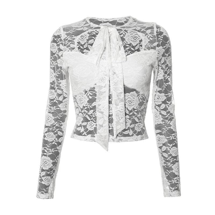 Long sleeve lace knotted crop top  | Festival Outfits Women