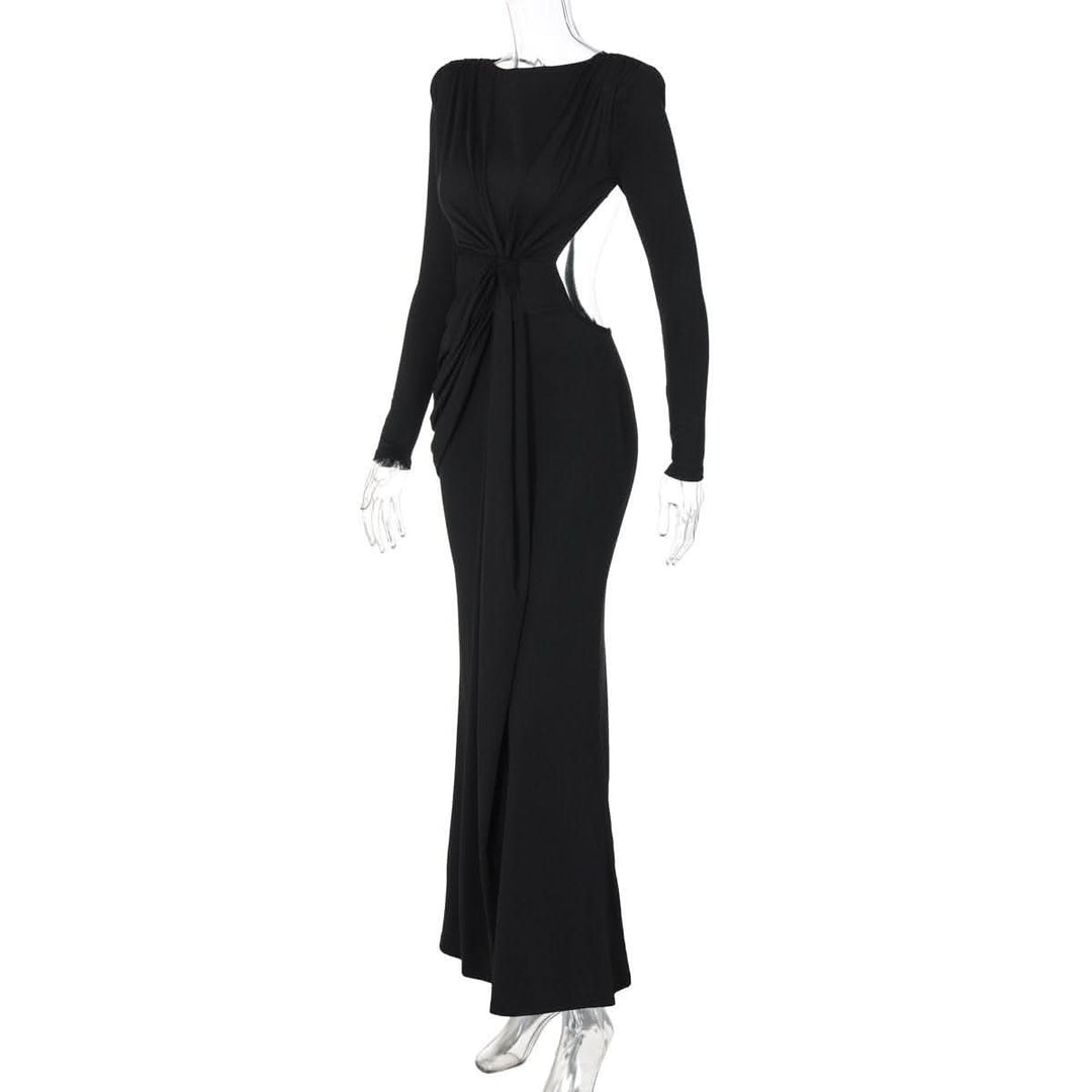 Long sleeve padded backless ruched maxi dress-final-sale  | Festival Outfits Women