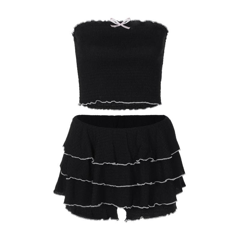 Bowknot ruched ruffle tube mini skirt set  | Festival Outfits Women