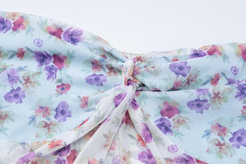 Print ruched high slit sweetheart neck mesh cami maxi skirt set  | Festival Outfits Women