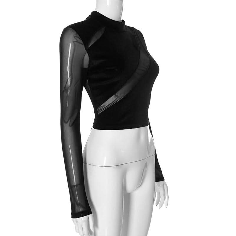 High neck mesh velvet patchwork long sleeve crop top | Mesh Long Sleeve Crop Top  | Festival Outfits Women