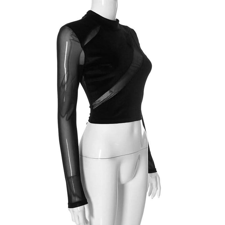 High neck mesh velvet patchwork long sleeve crop top | Mesh Long Sleeve Crop Top  | Festival Outfits Women