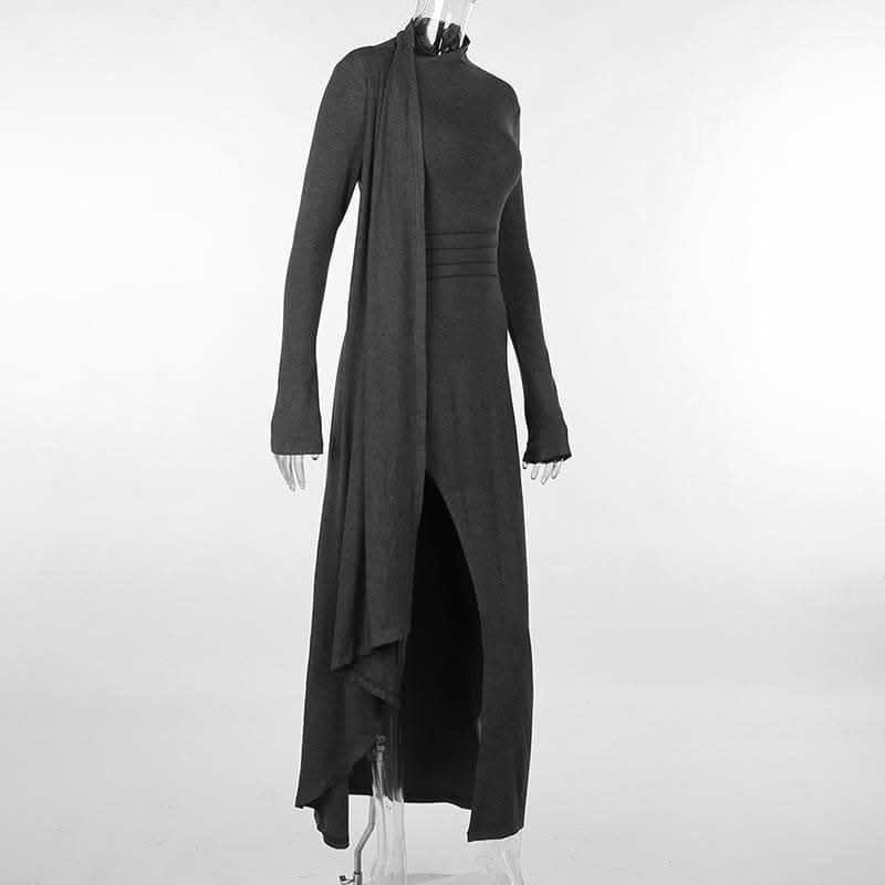 Long sleeve slit high neck solid maxi dress-final-sale  | Festival Outfits Women