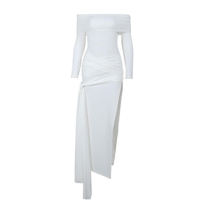 Cross front solid long sleeve off shoulder slit self tie maxi dress-final-sale  | Festival Outfits Women
