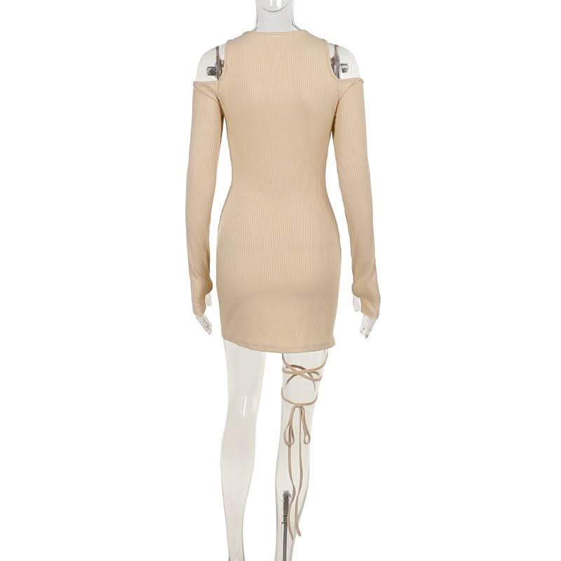 Long sleeve off shoulder knitted hollow out self tie cut out mini dress  | Festival Outfits Women