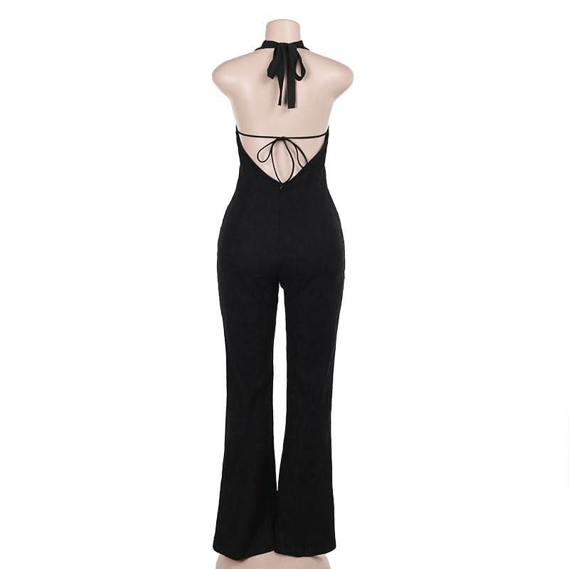 Halter self tie deep V neck lace backless jumpsuit  | Festival Outfits Women