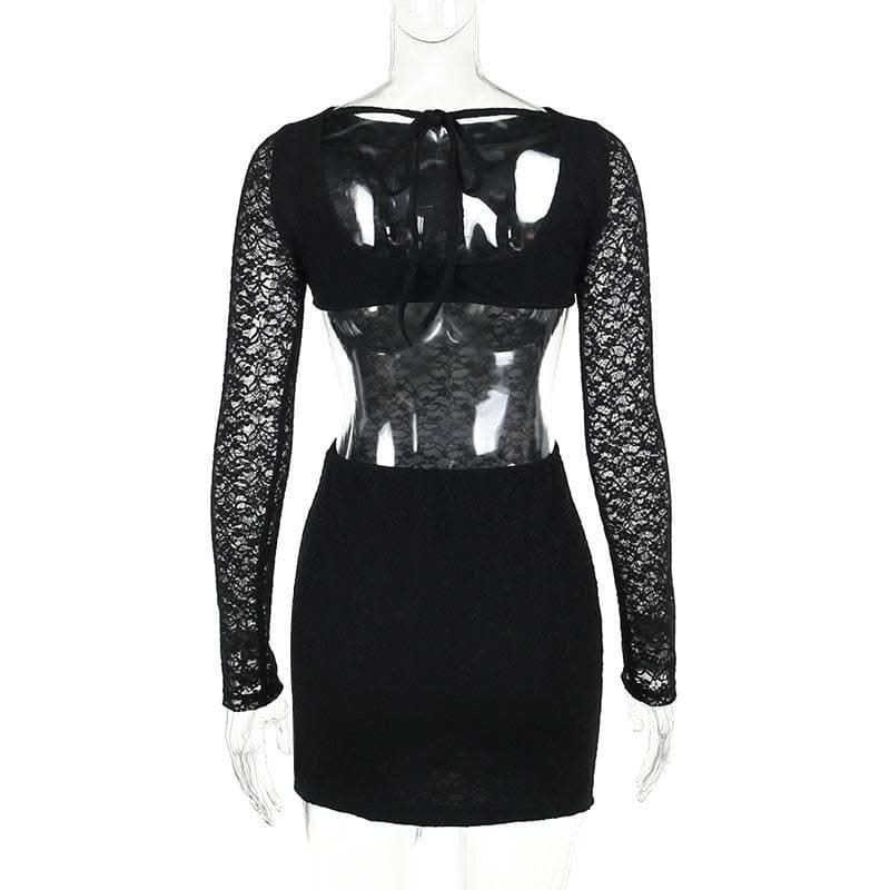 Lace solid long sleeve backless hollow out self tie cut out mini dress-final-sale  | Festival Outfits Women