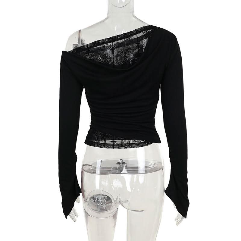 Off shoulder long flared sleeve mesh patchwork top  | Festival Outfits Women