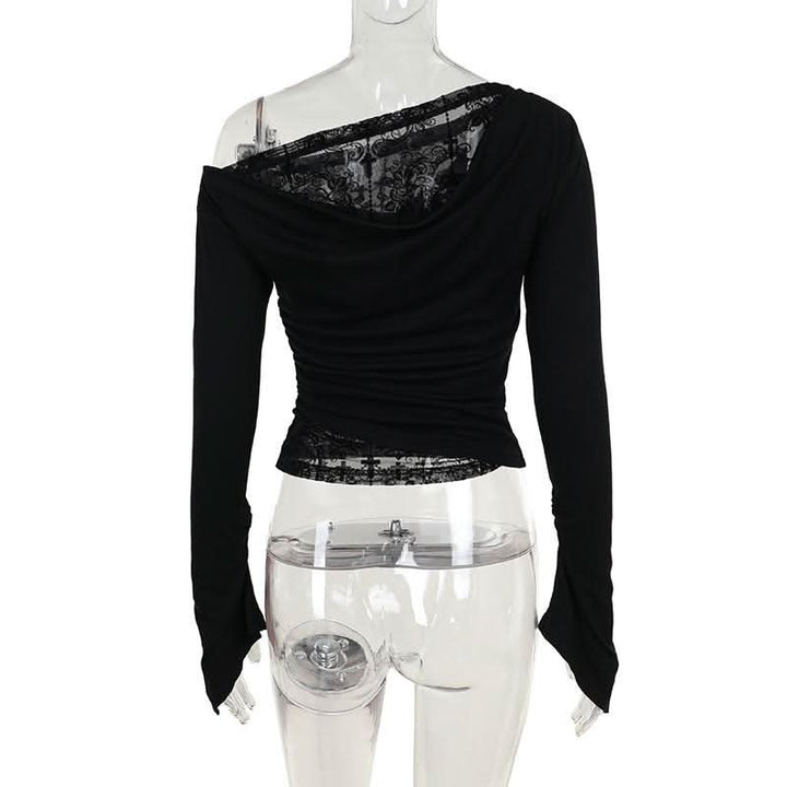 Off shoulder long flared sleeve mesh patchwork top  | Festival Outfits Women