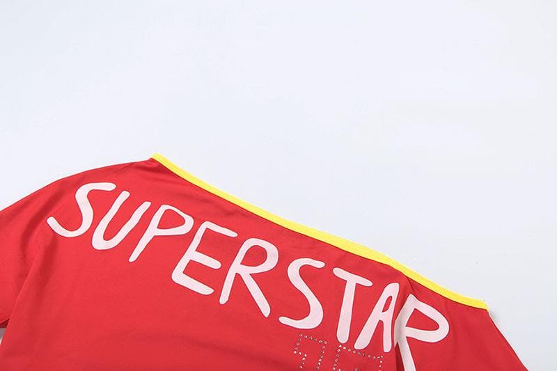 Short sleeve one shoulder “super star” print top  | Festival Outfits Women