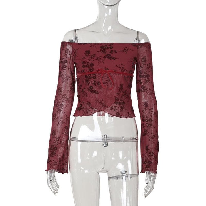Flared sleeve off shoulder flower pattern top  | Festival Outfits Women
