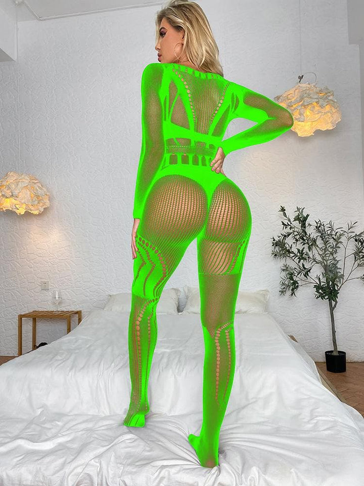 Long sleeve fishnet hollow out solid bodystocking  | Festival Outfits Women