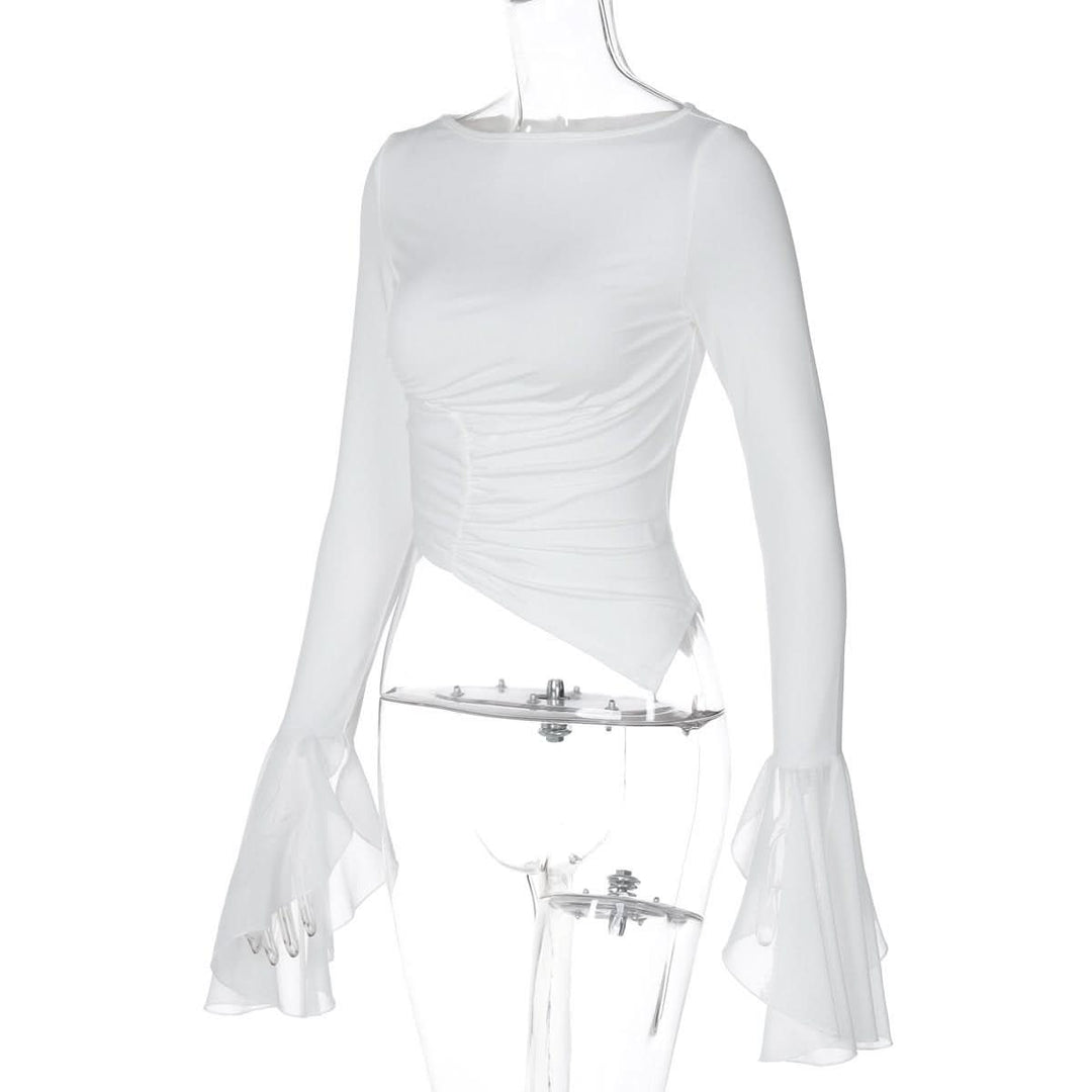 Long flared sleeve crewneck irregular solid top  | Festival Outfits Women-final-sale