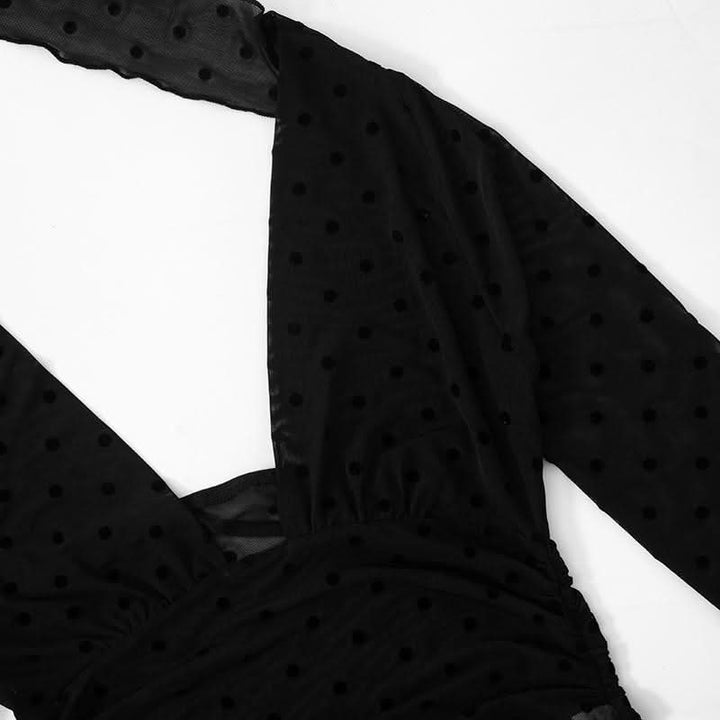 Long sleeve mesh polka dot ruffle solid top  | Festival Outfits Women