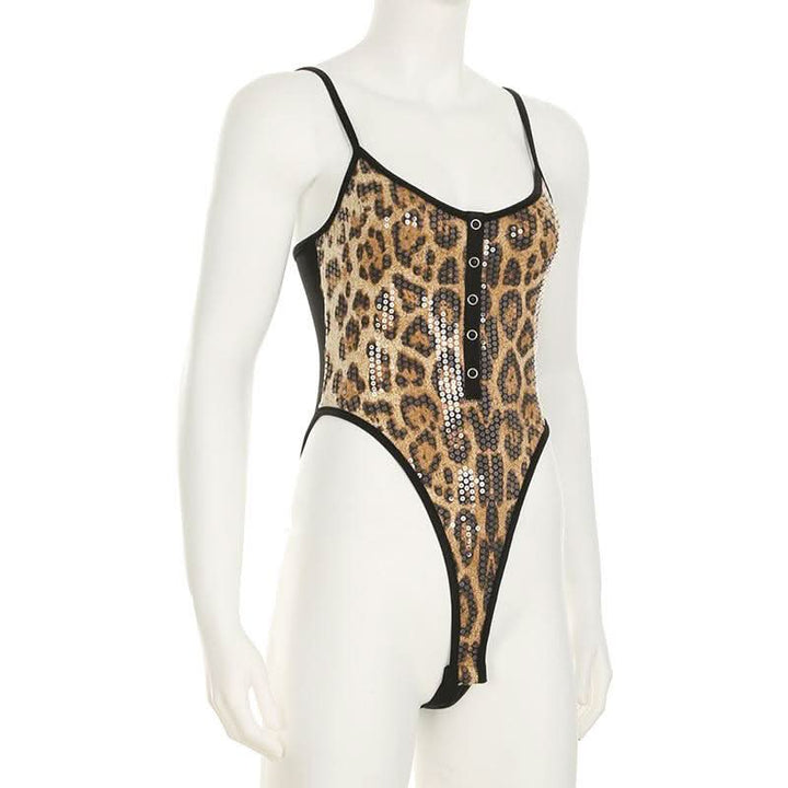 Leopard print u neck glitter button cami bodysuit  | Festival Outfits Women-final-sale