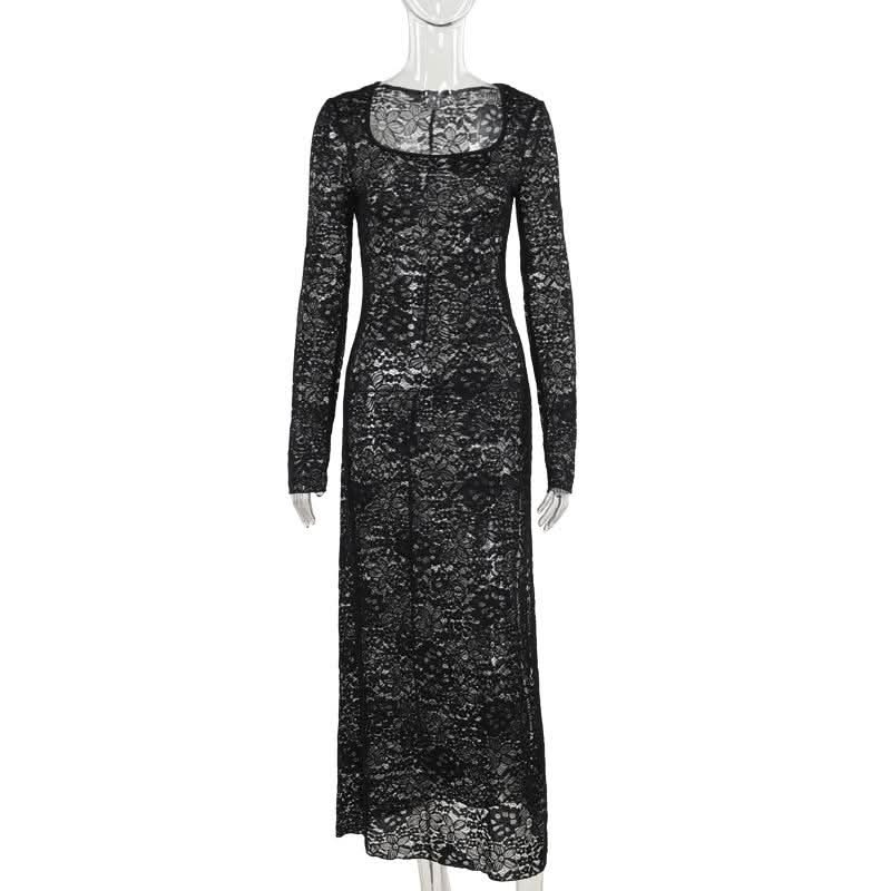 Long sleeve u neck lace slit maxi dress  | Festival Outfits Women