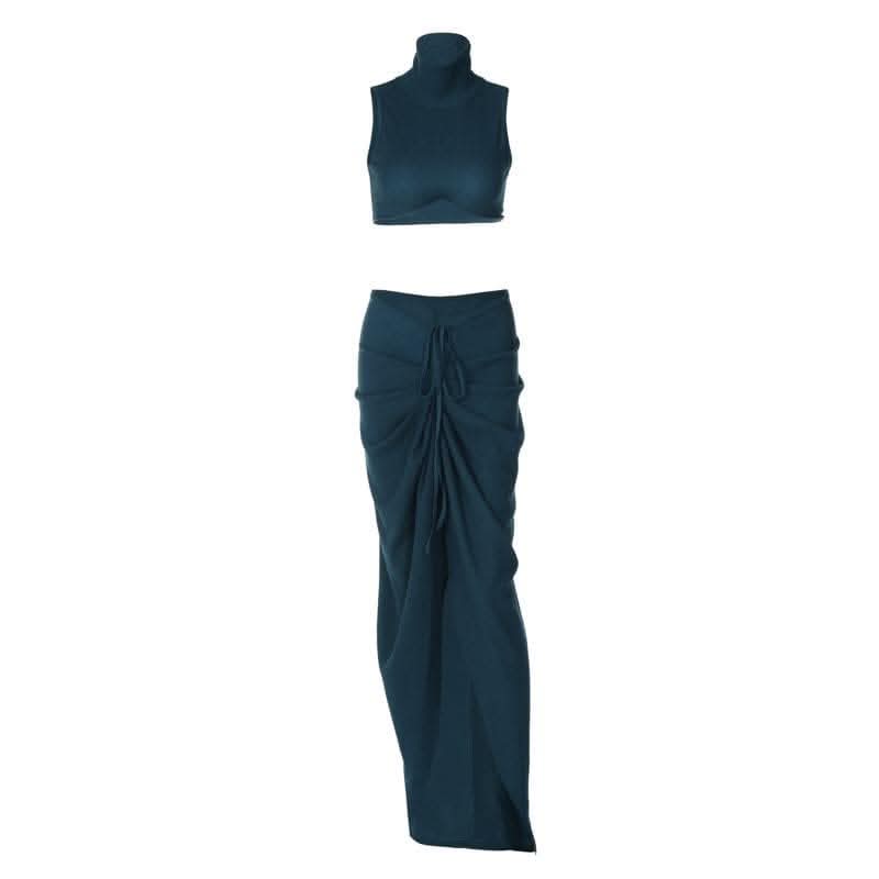 Slit textured sleeveless high neck ruched solid maxi skirt set-final-sale  | Festival Outfits Women