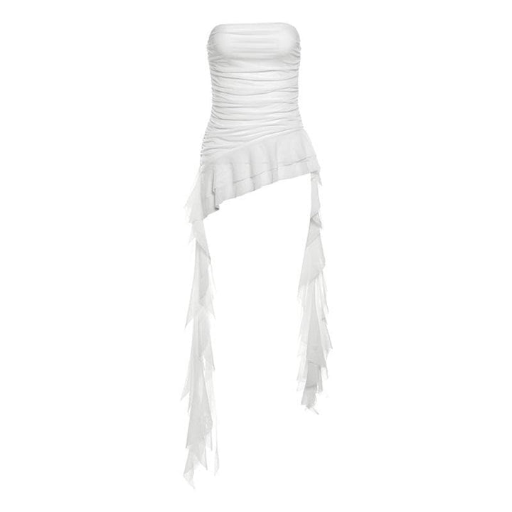 Ruffle mesh ruched irregular solid tube top  | Festival Outfits Women