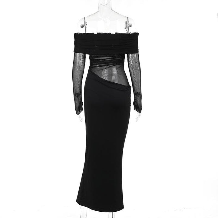 Long sleeve off shoulder mesh ruched maxi dress  | Festival Outfits Women