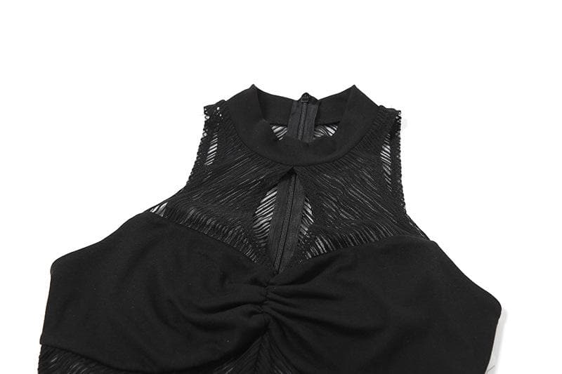 High neck ruched hollow out mesh zip-up tank cut out top  | Festival Outfits Women