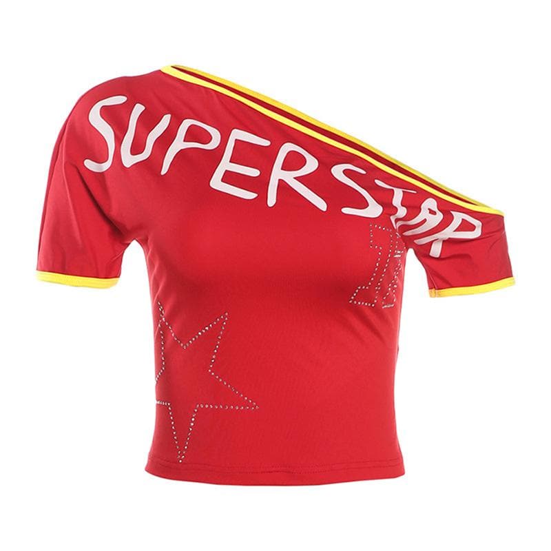 Short sleeve one shoulder “super star” print top  | Festival Outfits Women
