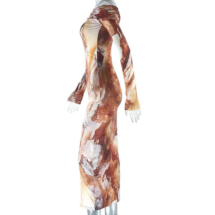 Long sleeve off shoulder ruched tie dye midi dress  | Festival Outfits Women