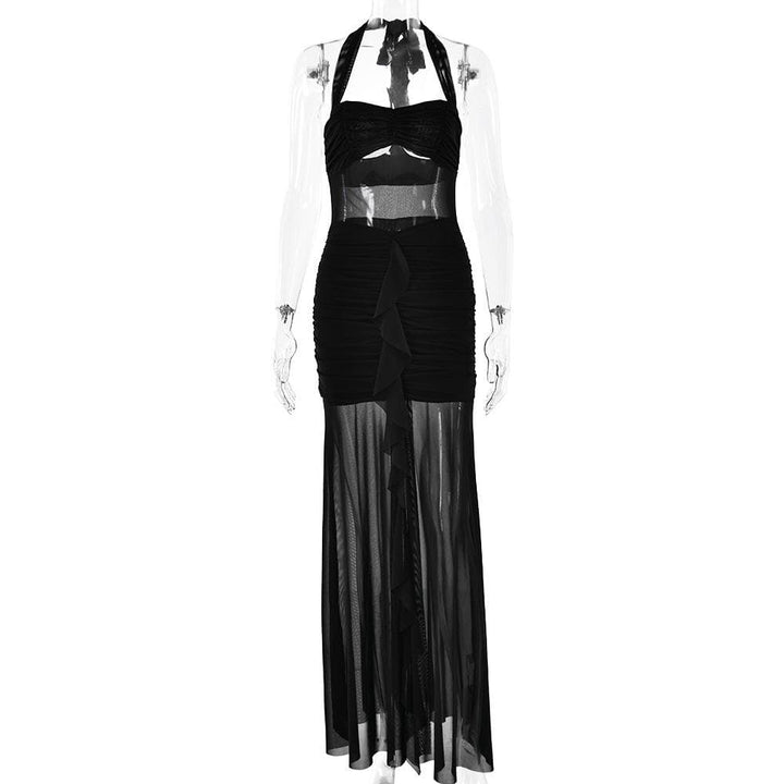 Halter patchwork mesh ruched ruffle maxi dress  | Festival Outfits Women