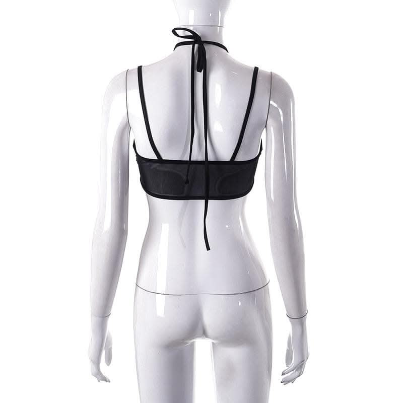 Mesh halter o ring solid hollow out backless patchwork crop cut out top-final-sale
