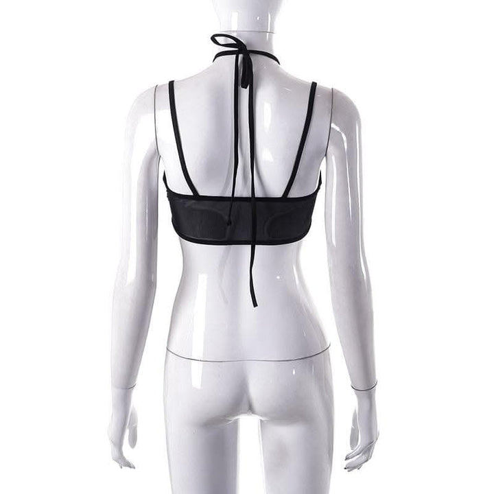 Mesh halter o ring solid hollow out backless patchwork crop cut out top-final-sale