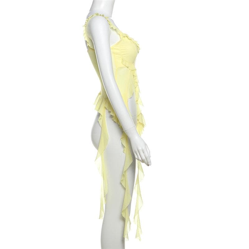 Kaya mai kauri da aka yi da u-neck ruffle slit sheer sheer mesh solid cami top | Kayan Biki na Mata