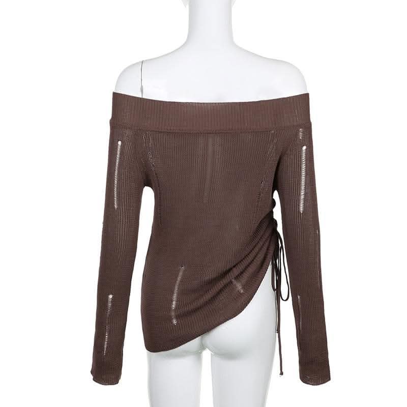 Crochet hollow out solid drawstring off shoulder top-final-sale  | Festival Outfits Women