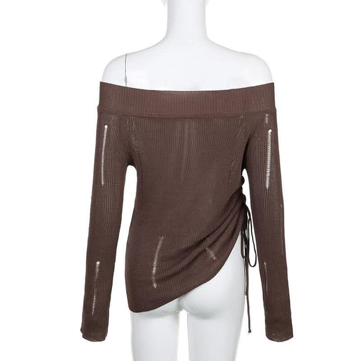 Crochet hollow out solid drawstring off shoulder top-final-sale  | Festival Outfits Women